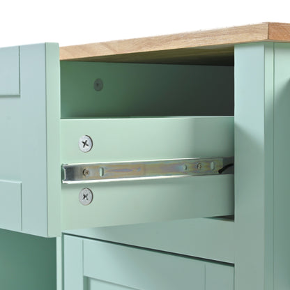 Mint Green Kitchen Island Cart with Drop-Leaf Rubberwood Top, Storage Cabinet, and 3 Drawers on Wheels