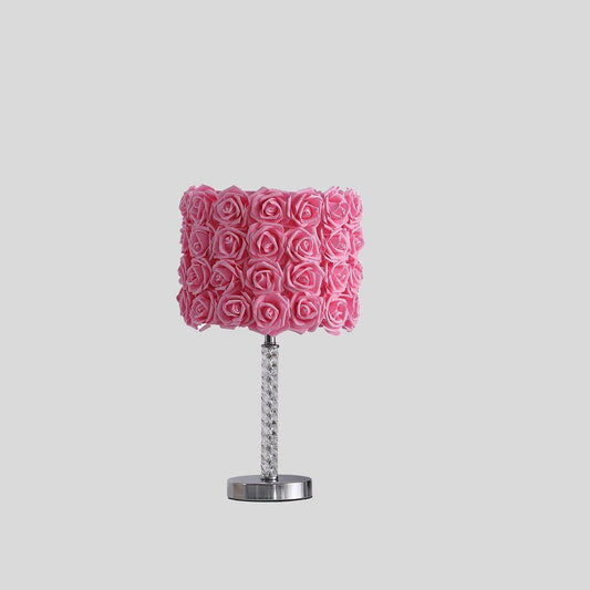 18.25-Inch Table Lamp with Acrylic & Metal Body, Rose Bloom Motif, Drum Shade, 80W Max, 110-120V Pink
