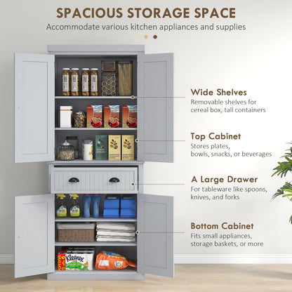 Freestanding Gray Kitchen Pantry with 4 Doors, 3 Adjustable Shelves, and Central Drawer - Traditional Beadboard Design