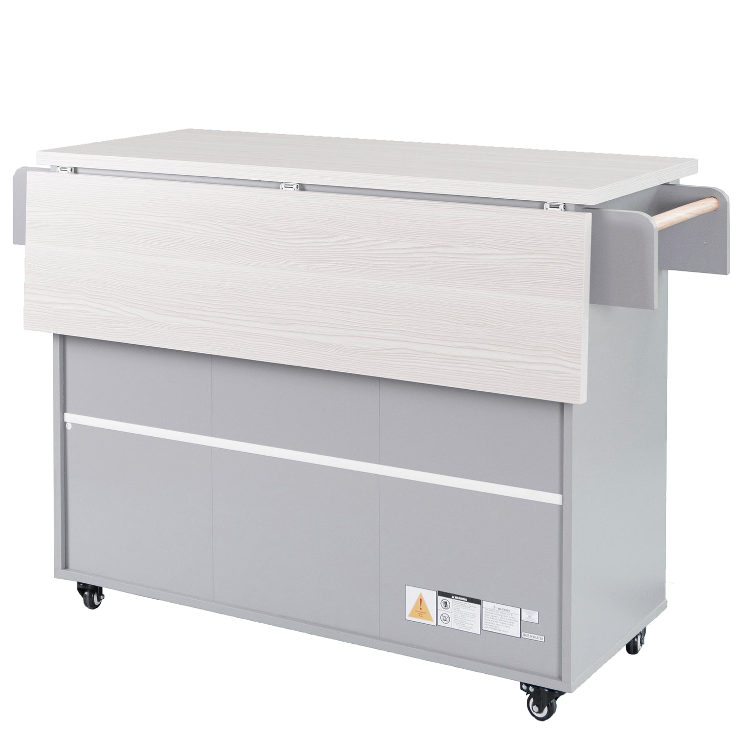 Grey Rolling Kitchen Island with Drop Leaf and Trash Can Storage, Spice Rack, Towel Rack, and Adjustable Shelves