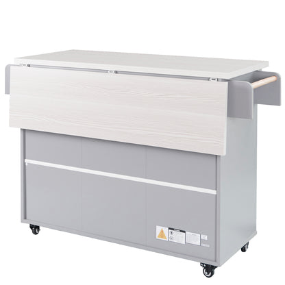 Grey Rolling Kitchen Island with Drop Leaf and Trash Can Storage, Spice Rack, Towel Rack, and Adjustable Shelves