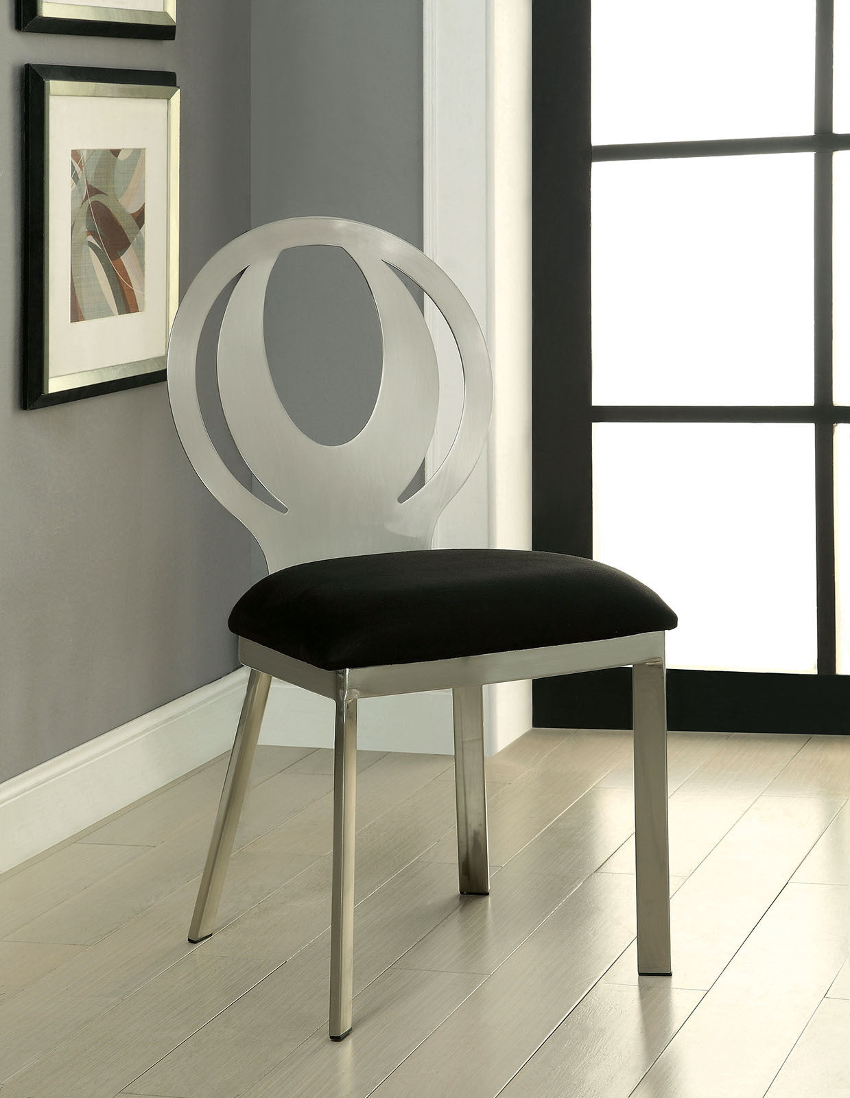 Contemporary 2pc Metal-Frame Dining Chairs with Microfiber Seats, Oval Back, Powder-Coated Satin Finish Black