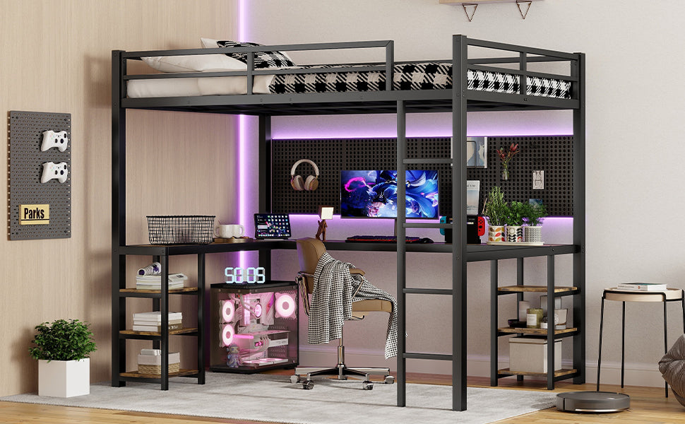 Stylish Full XL Metal Loft Bed with Integrated Desk and Storage Shelves, Ideal Space-Saving Solution for Bedrooms, Black Finish