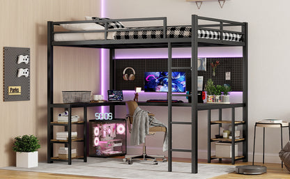 Stylish Full XL Metal Loft Bed with Integrated Desk and Storage Shelves, Ideal Space-Saving Solution for Bedrooms, Black Finish