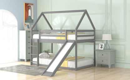 Gray Twin Bunk House Bed with Slide and Ladder for Kids