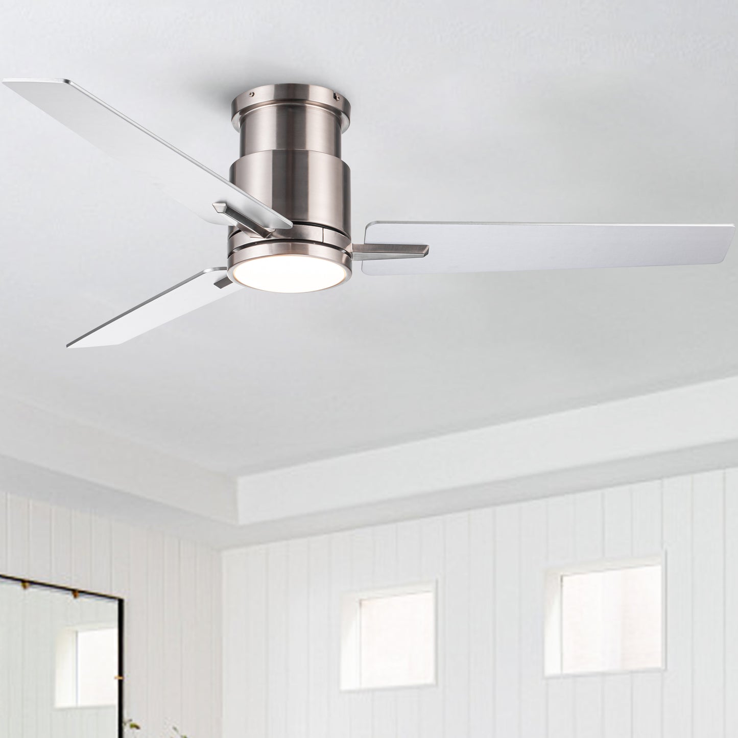 52-Inch Low-Profile Ceiling Fan with Light, Remote, DC Motor, Energy Efficient Brushed Nickel
