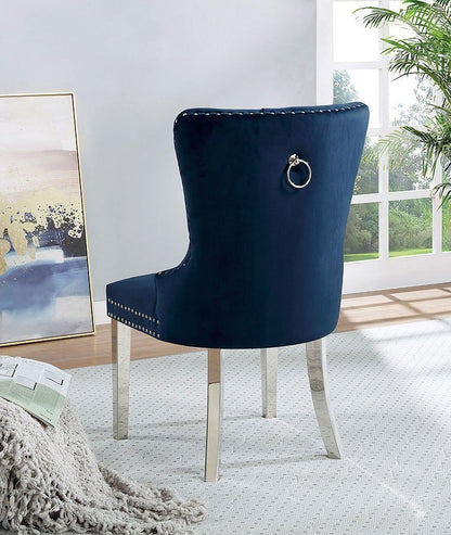 2-Piece Wingback Dining Chairs, Button-Tufted Upholstery, Solid Wood Frame, Chrome Legs - Blue