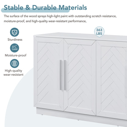 TREXM Sideboard with 4 Doors Large Storage Space Buffet Cabinet with Adjustable Shelves and Silver Handles for Kitchen, Dining Room, Living Room (White)