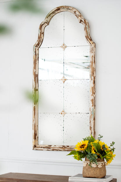 Elegant 22" x 48" Cream & Gold Arched Wall Mirror with Decorative Grid, Perfect for Living Room, Bathroom, or Entryway