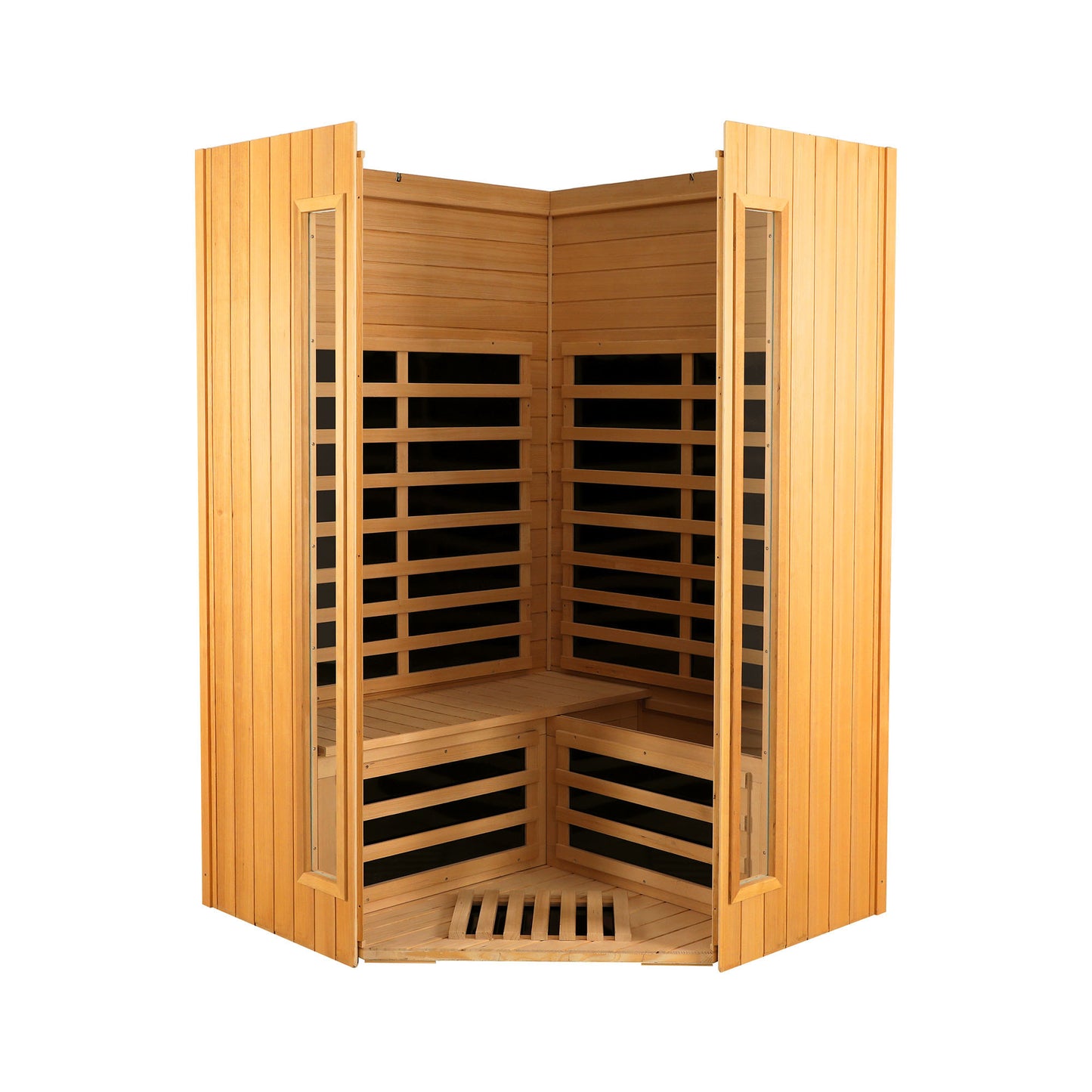 Two-Person Hemlock Indoor Far Infrared Sauna Room with Bluetooth LCD LED Lights 47x47x73 in Natural Wood