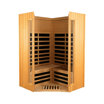 Two-Person Hemlock Indoor Far Infrared Sauna Room with Bluetooth LCD LED Lights 47x47x73 in Natural Wood