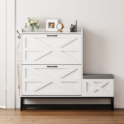 Narrow Shoe Cabinet with Fold-Out Bench, 2 Concealed Compartments, Holds 16 Pairs, Rustic Entryway White