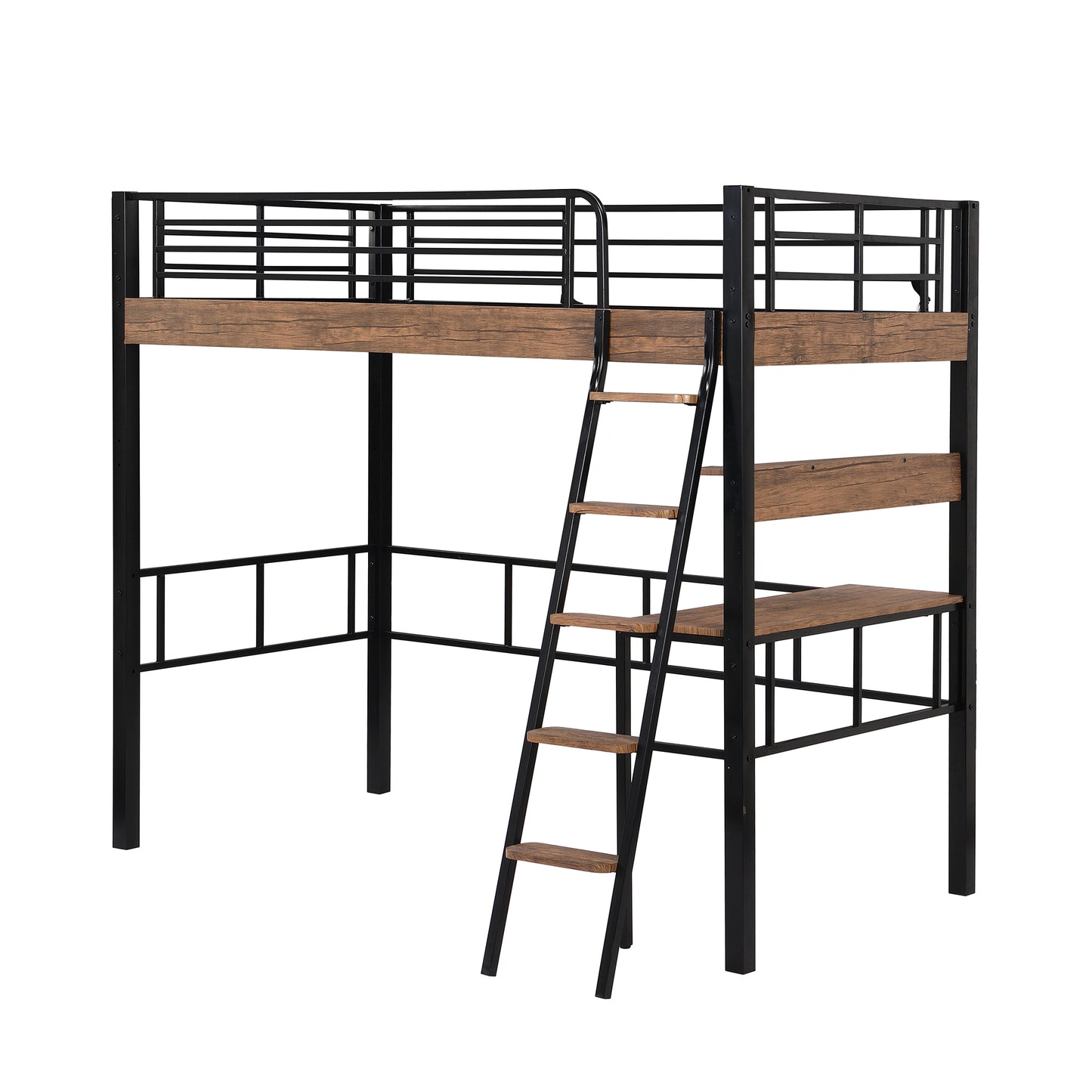 Black Metal Twin Loft Bed with Integrated Desk, Storage Shelf, and Ladder