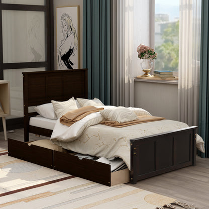 Espresso Twin Size Platform Bed with Dual Under-Bed Drawers on Wheels
