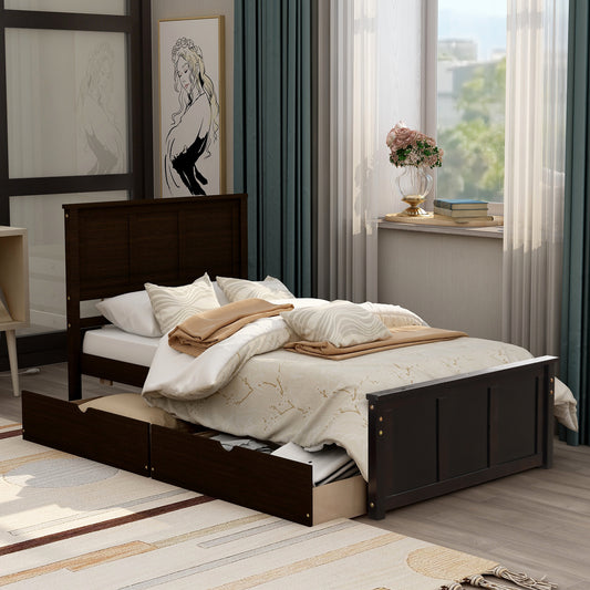 Espresso Twin Size Platform Bed with Dual Under-Bed Drawers on Wheels