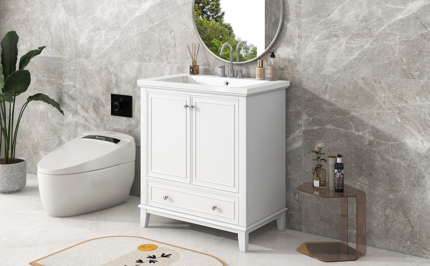 30" Modern Bathroom Vanity with Ceramic Sink, Multi-Storage Cabinet with Adjustable Shelves, Durable Solid Wood & MDF Construction, White Finish