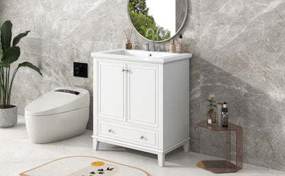 30" Modern Bathroom Vanity with Ceramic Sink, Multi-Storage Cabinet with Adjustable Shelves, Durable Solid Wood & MDF Construction, White Finish