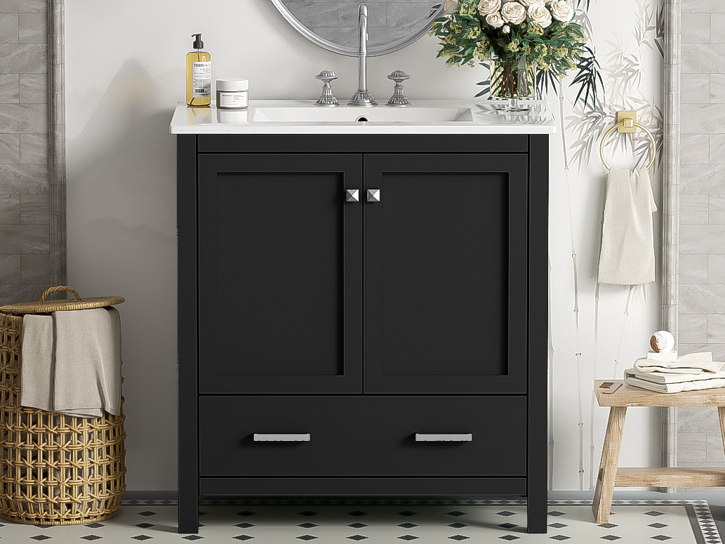 30-Inch Modern Black Bathroom Vanity with Single Sink and Soft-Close Doors, Stylish Storage Cabinet with Undermount Ceramic Basin, Durable Solid Wood Frame