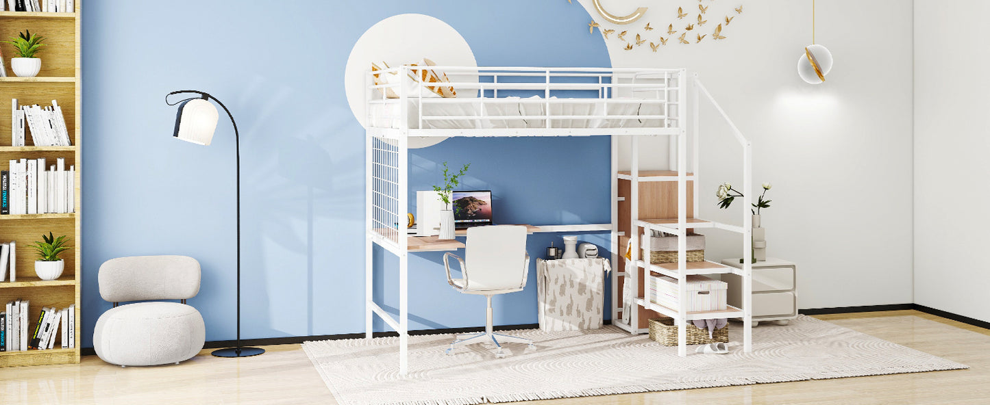 Stylish Full Size Metal Loft Bed with Integrated Desk and Storage Solutions in White