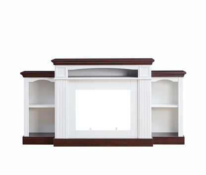 Electric Fireplace TV Stand for 70-Inch TV with Mantel, Farmhouse Media Console, Open Shelves Cherry/White