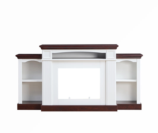 Electric Fireplace TV Stand for 70-Inch TV with Mantel, Farmhouse Media Console, Open Shelves Cherry/White