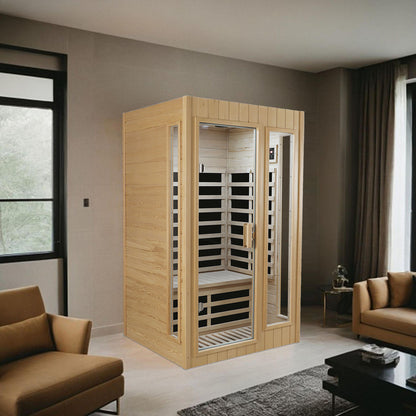 Two-Person Far Infrared Indoor Sauna Room with 1500W, 5 Heating Panels, LCD, Bluetooth Natural Wood