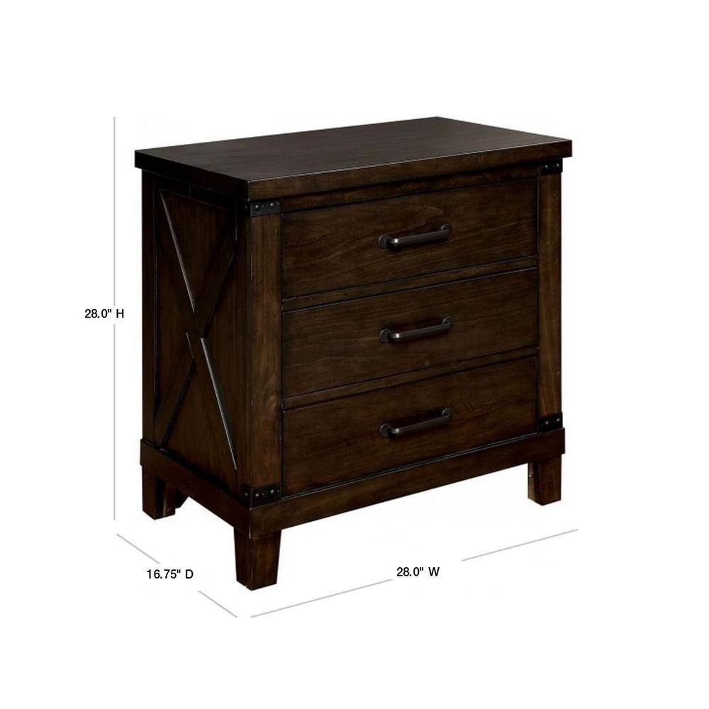 Rustic Dark Walnut Nightstand with 3 Drawers and Black Bar Pulls - Solid Wood Bedroom Furniture