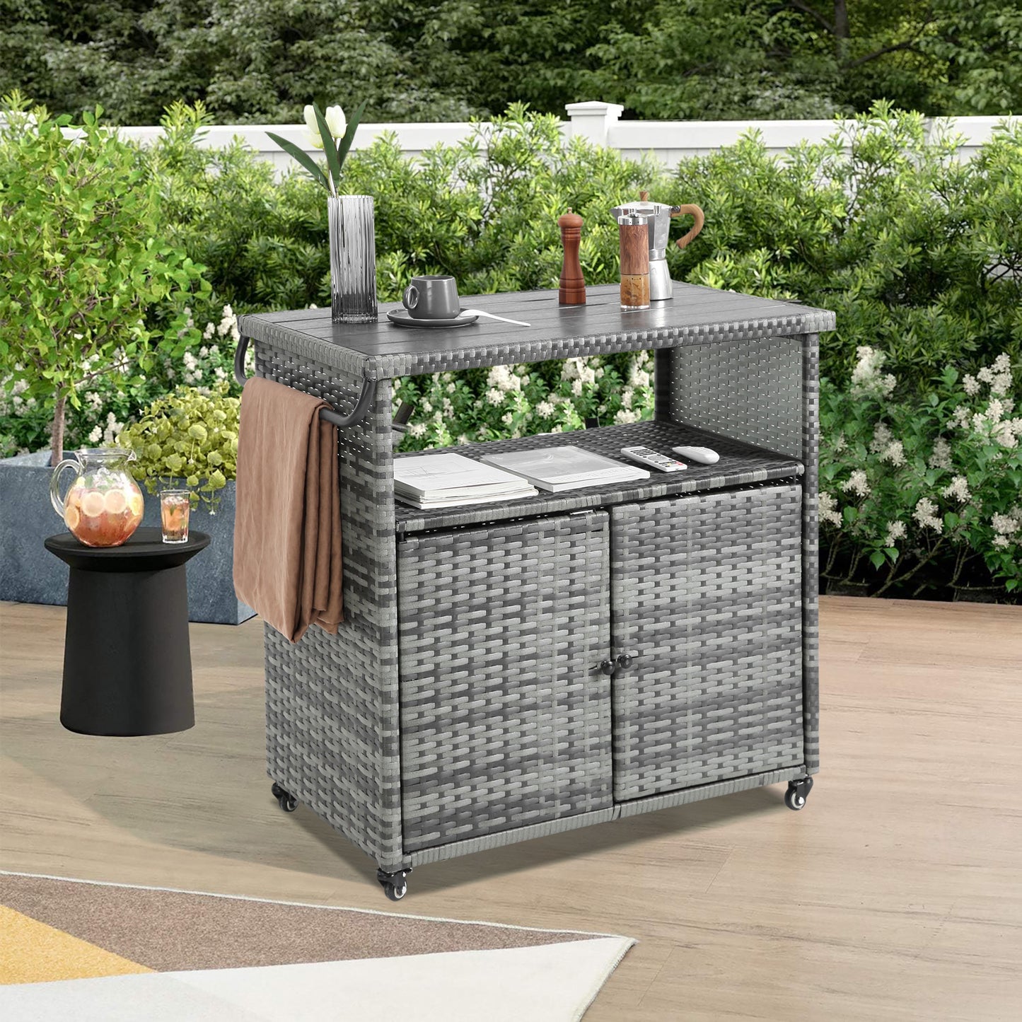 Outdoor Wicker Bar Cart With Wheels For Patio Parties, Glass Top Rolling Rattan Beverage Table, Light Brown