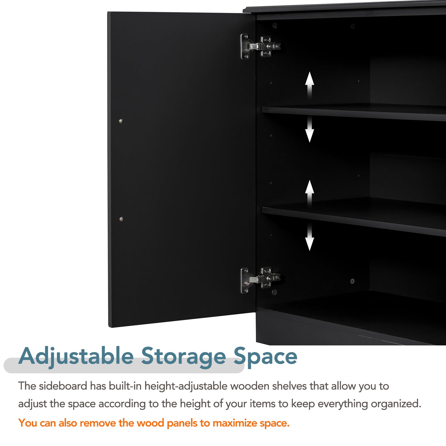 TREXM Sideboard with 4 Doors Large Storage Space Buffet Cabinet with Adjustable Shelves and Silver Handles for Kitchen, Dining Room, Living Room (Black)