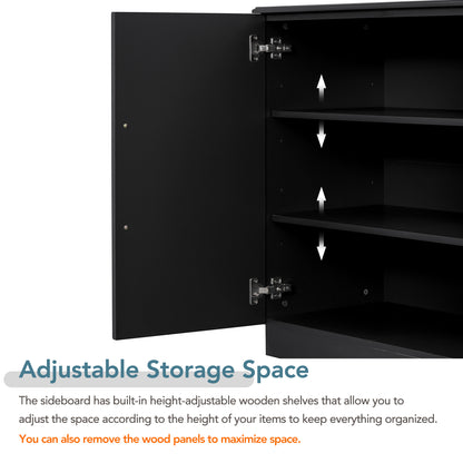 TREXM Sideboard with 4 Doors Large Storage Space Buffet Cabinet with Adjustable Shelves and Silver Handles for Kitchen, Dining Room, Living Room (Black)