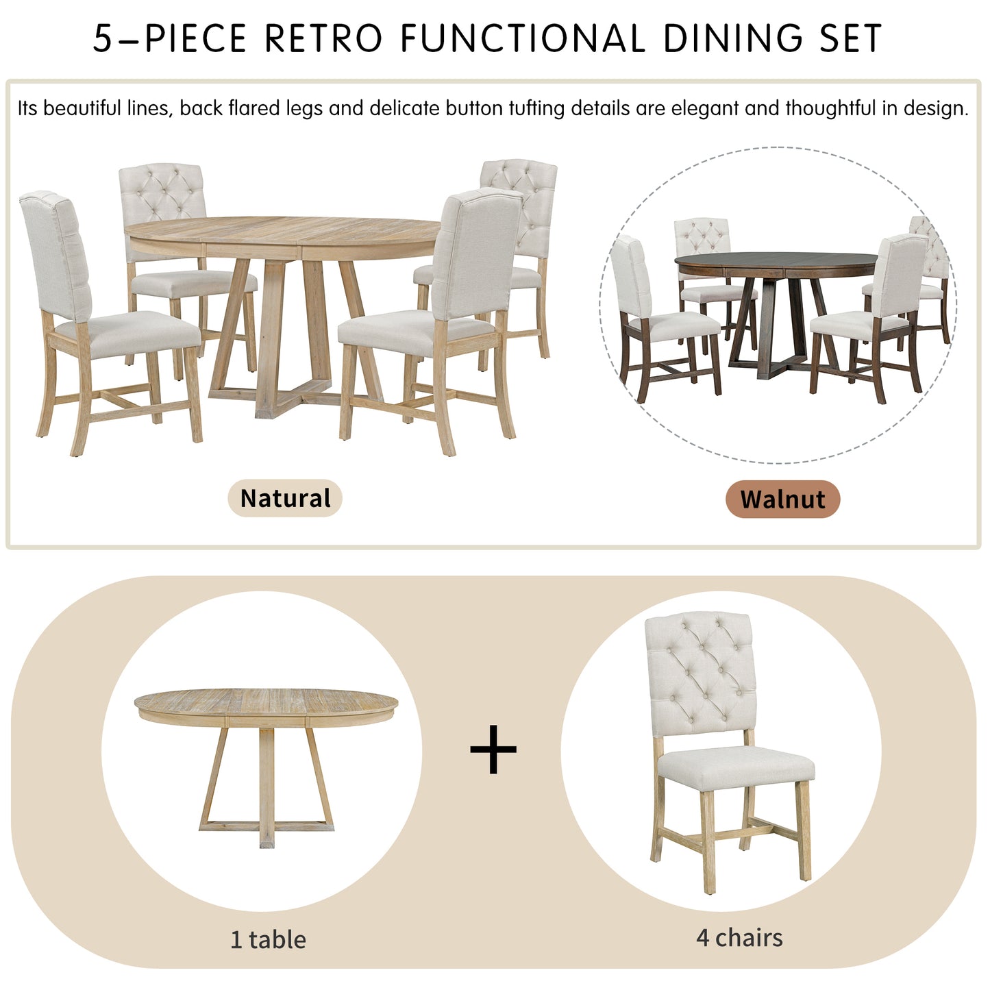 Retro 5 Piece Round Dining Set With 16In Leaf Chairs Natural