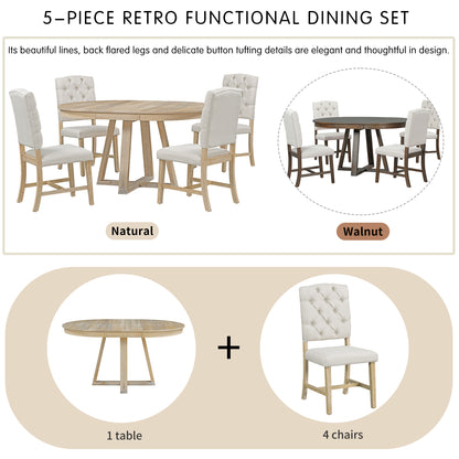 Retro 5 Piece Round Dining Set With 16In Leaf Chairs Natural