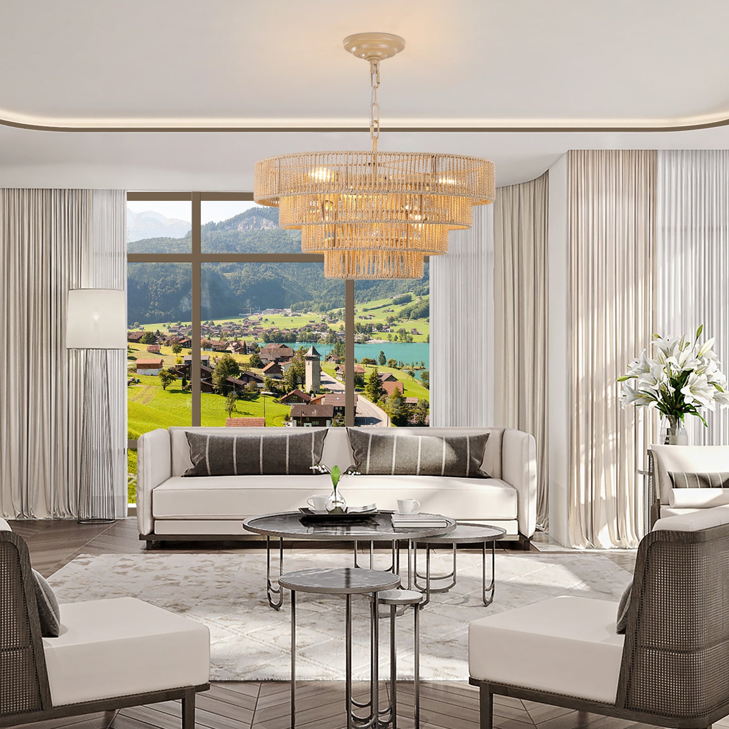 Bohemian Rattan Pendant Light, 19.7-Inch Dia, 4-Tier Chandelier, Adjustable Chain, E12 Bulbs Ready Wood