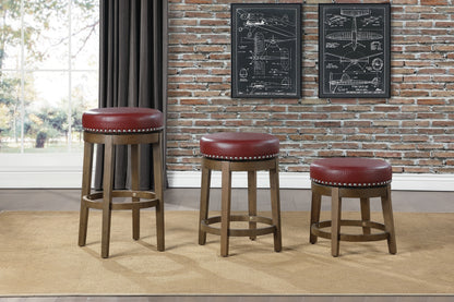 Round Swivel Counter Height Stools Set of 2, Red Faux Leather 360-degree Swivel Seat Nailhead Trim Solid Wood Frame Brown Finish Furniture