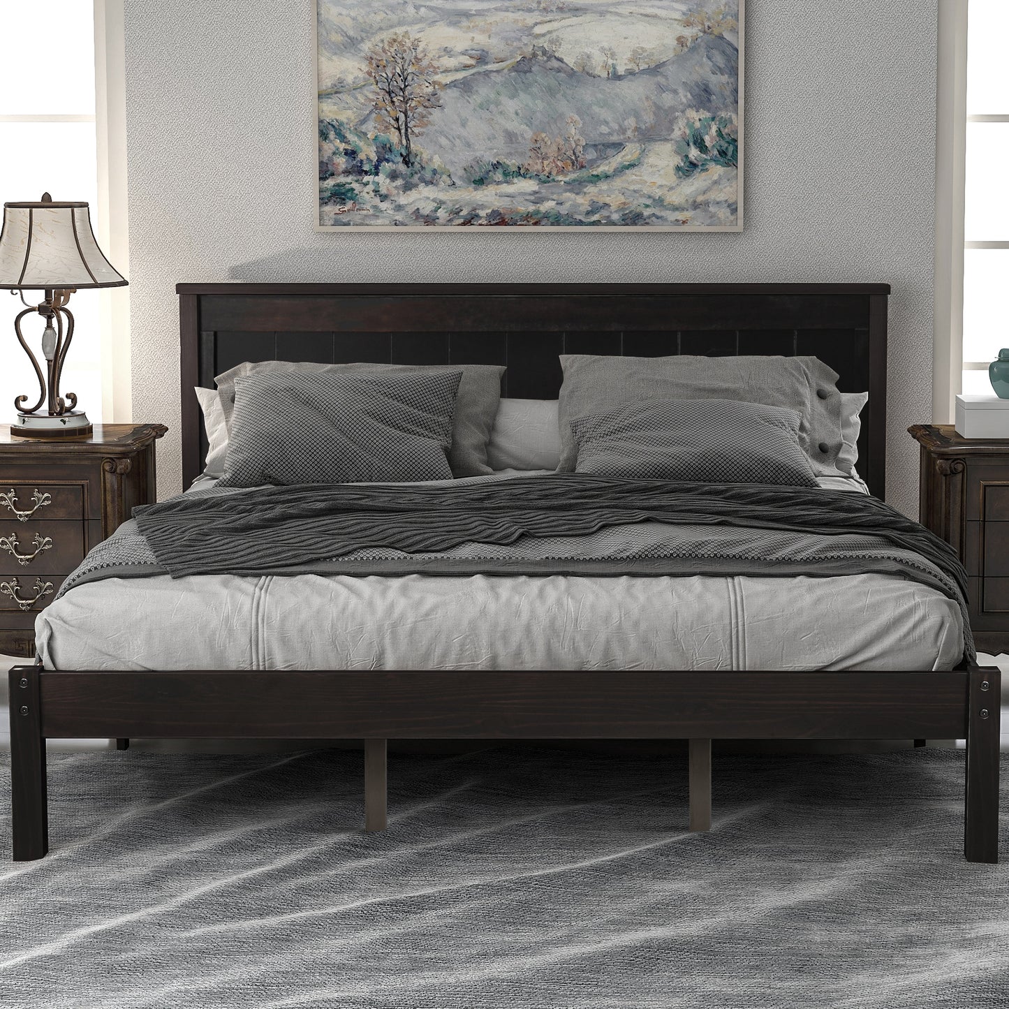 Espresso Queen Platform Bed Frame with Headboard and Wood Slat Support – No Box Spring Required