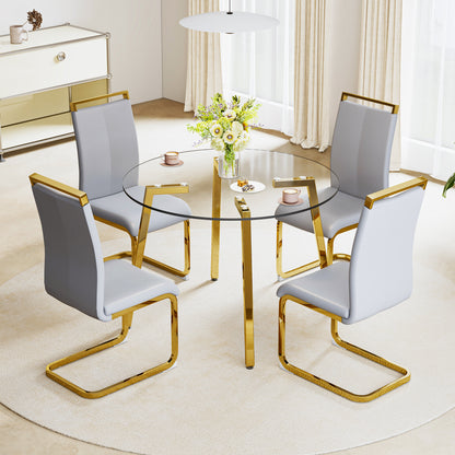 Modern minimalist style circular transparent tempered glass table, tempered glass tabletop, golden metal legs, suitable for kitchen, dining room, and living room, 42 "* 42" * 29.5 "1123r