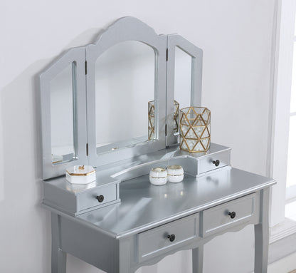 Wooden Vanity Makeup Table and Stool Set for Bedroom, Classic Dressing Table, Silver