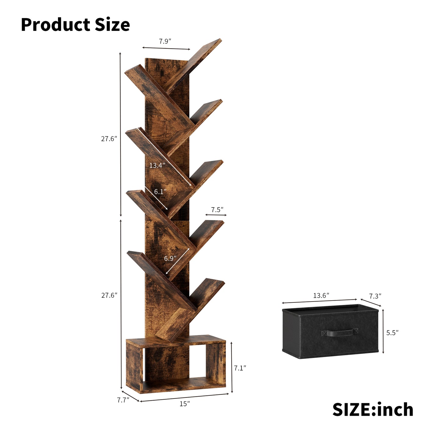9-Tier Rustic Tree-Shaped Bookshelf with Drawer, Modern Free-Standing Organizer for Home Office and Living Room