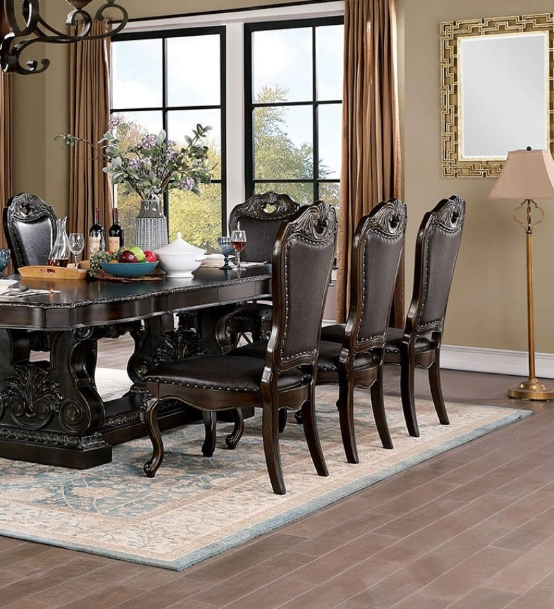 Set of 2 Solid Wood Dining Chairs with Leatherette Seats, Traditional Cabriole Legs, Nailhead Trim Walnut