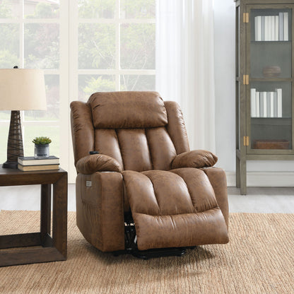 Power Motion Recliner with Lift, Heating & Massage, Faux Leather, 64-In Full Recline Brown