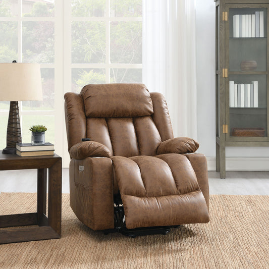 Power Motion Recliner with Lift, Heating & Massage, Faux Leather, 64-In Full Recline Brown