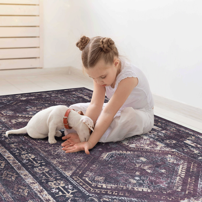 2x3 Machine-Washable Low-Pile Area Rug with Non-Slip Backing, Foldable, Kid & Pet Friendly-Black-Burgundy