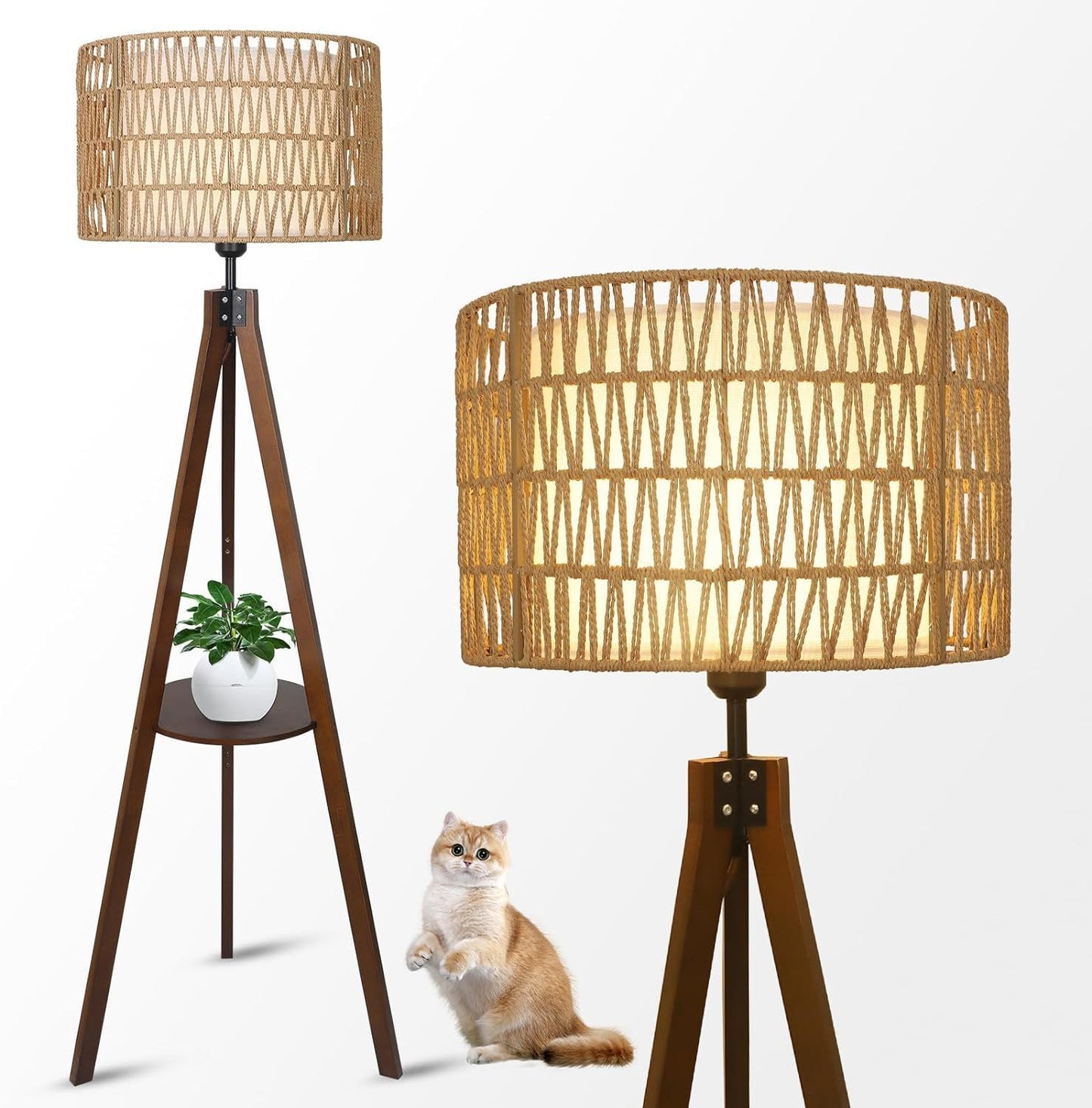 59-Inch Tripod Floor Lamp with Shelves, Wood Mid-Century Lamp with Rattan & Fabric Shades, On/Off Foot Switch, Brown