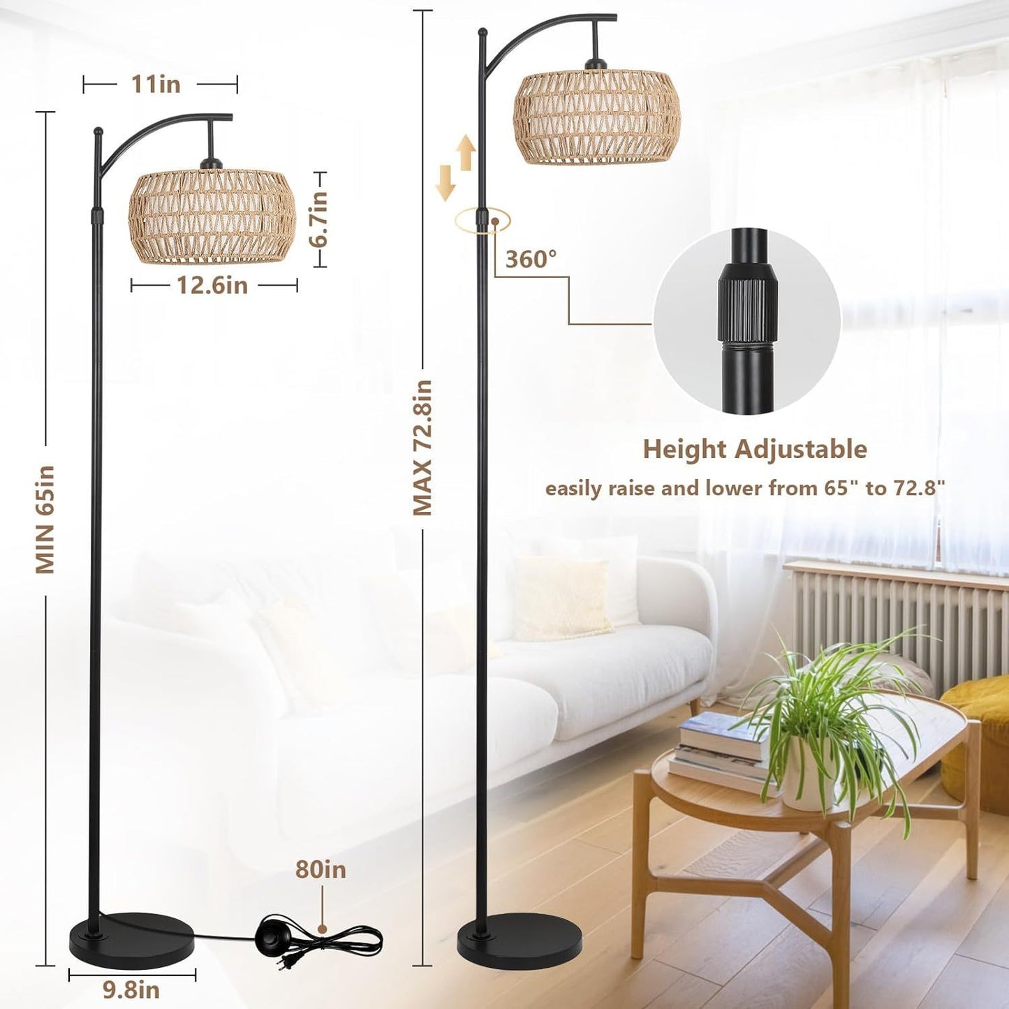 Arc Floor Lamp with Remote, Dimmable LED, 3 Color Temp, Height 65-72.8in, Rattan & Linen Shade, Black