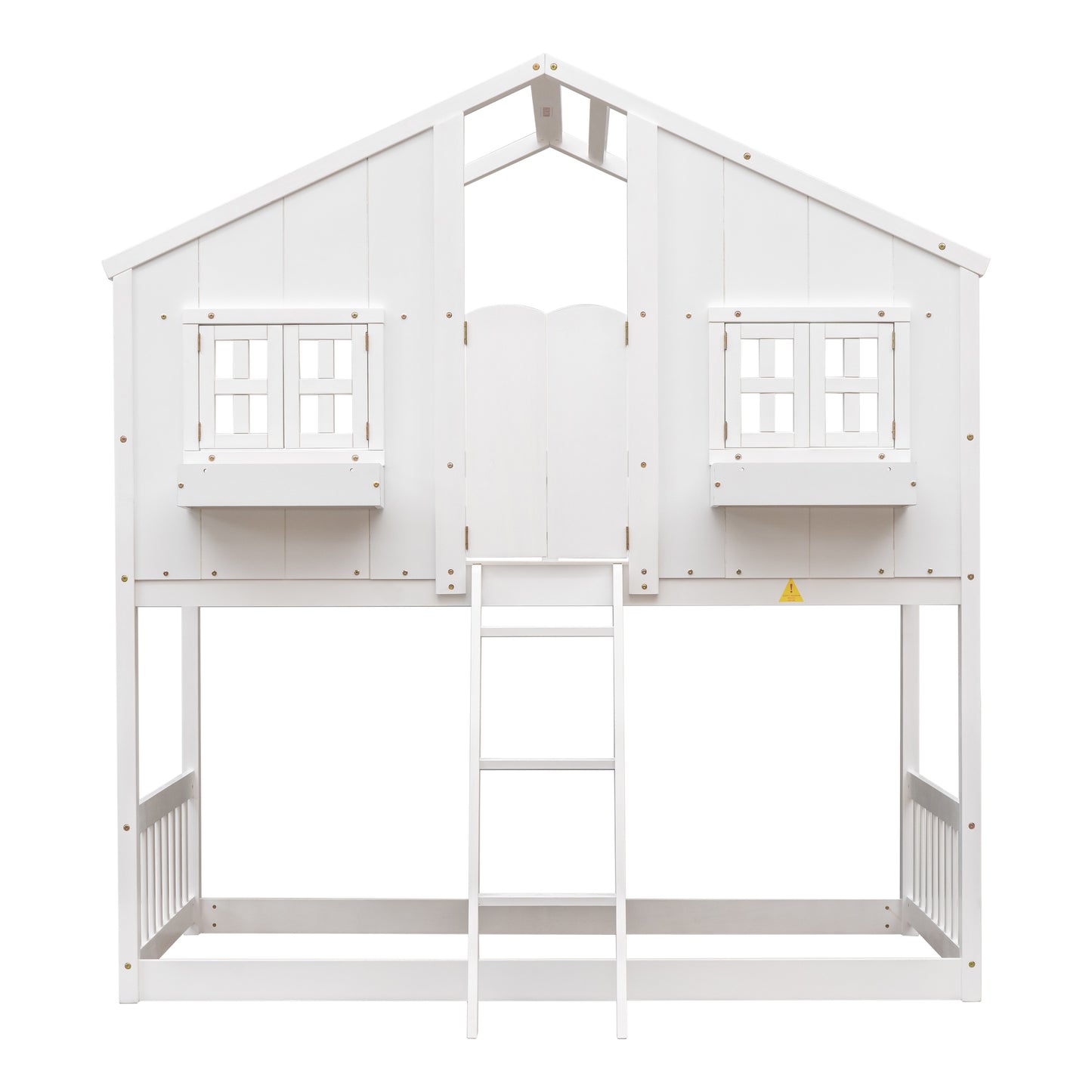 Charming Twin Over Twin House Bunk Bed with Roof and Window Features, Safety Guardrails and Ladder, White