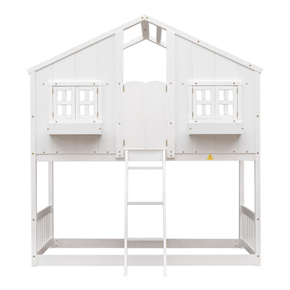 Charming Twin Over Twin House Bunk Bed with Roof and Window Features, Safety Guardrails and Ladder, White