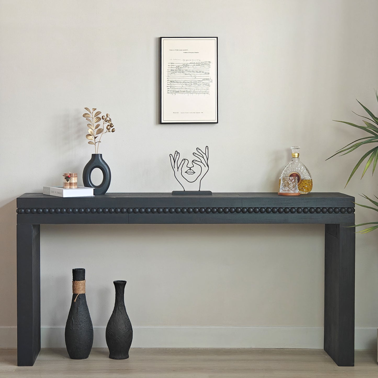64-Inch Modern Console Table with Beaded Trim, Engineered Wood, Entryway or Sofa Table, Living Room Black