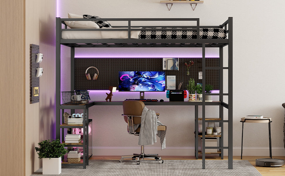 Stylish Full XL Metal Loft Bed with Integrated Desk and Storage Shelves, Ideal Space-Saving Solution for Bedrooms, Black Finish