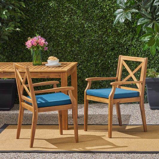 Outdoor Dining Chair Set For 2 With Foam Cushions Acacia Wood Chairs For Garden Poolside 2 Person Seating Group Blue