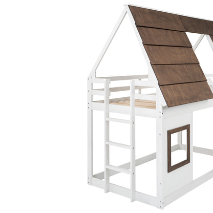 Wooden Twin House Bunk Bed with Roof, Ladder, and Slide in White and Brown